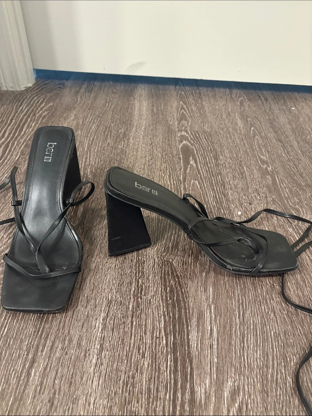 Bar III Black Strappy Square-Toe Wrap-Heel Sandals